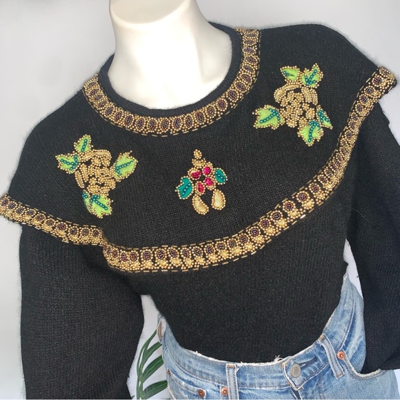 v i n t a g e :: Silk Angora Pearl Embroidered Knit Holiday Sweater - Picture 5 of 13